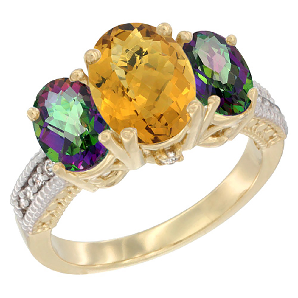 14K Yellow Gold Diamond Natural Whisky Quartz Ring 3-Stone Oval 8x6mm with Mystic Topaz, sizes5-10