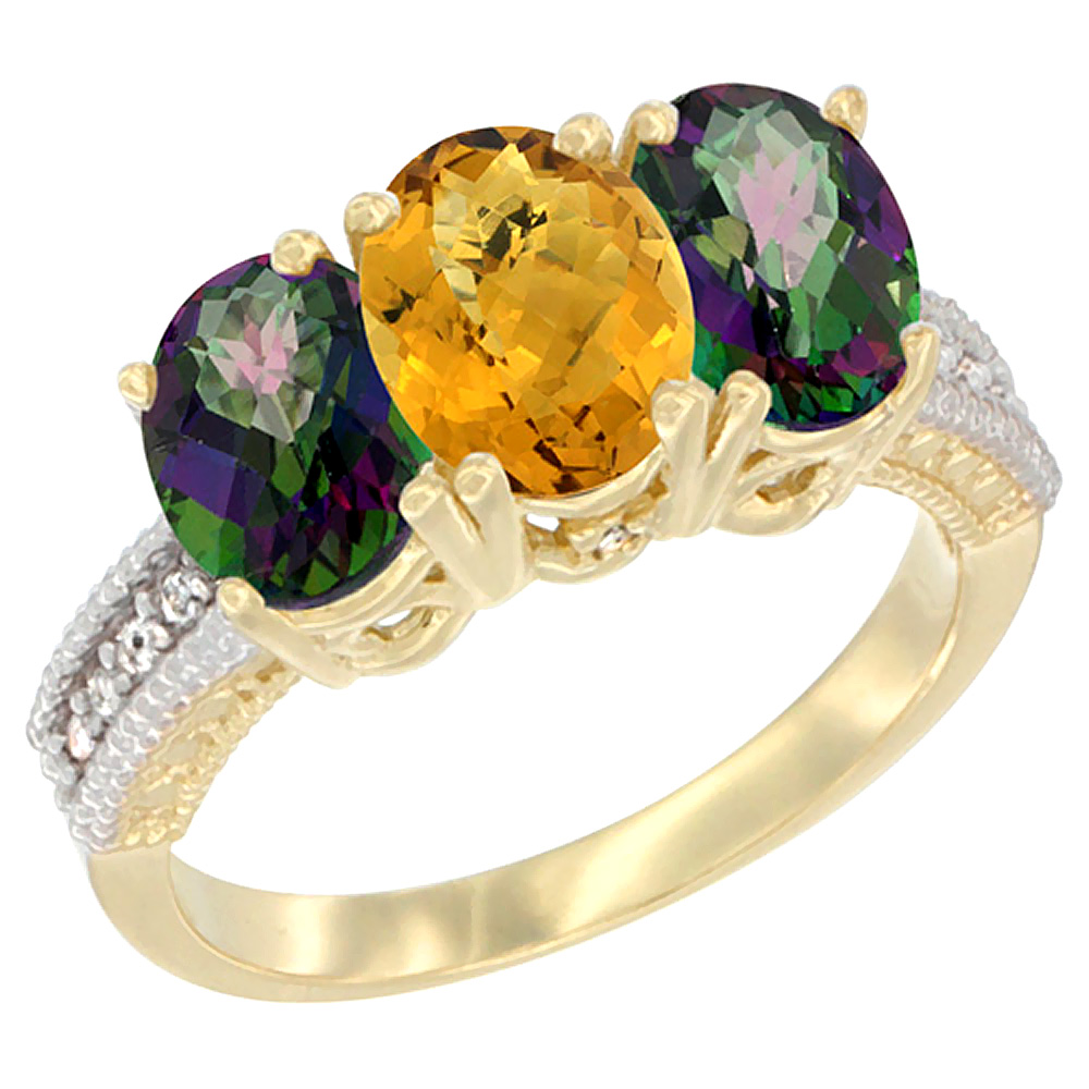 14K Yellow Gold Natural Whisky Quartz &amp; Mystic Topaz Sides Ring 3-Stone 7x5 mm Oval Diamond Accent, sizes 5 - 10