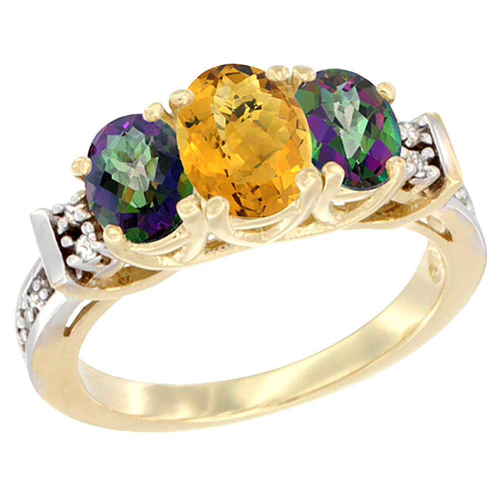 14K Yellow Gold Natural Whisky Quartz &amp; Mystic Topaz Ring 3-Stone Oval Diamond Accent