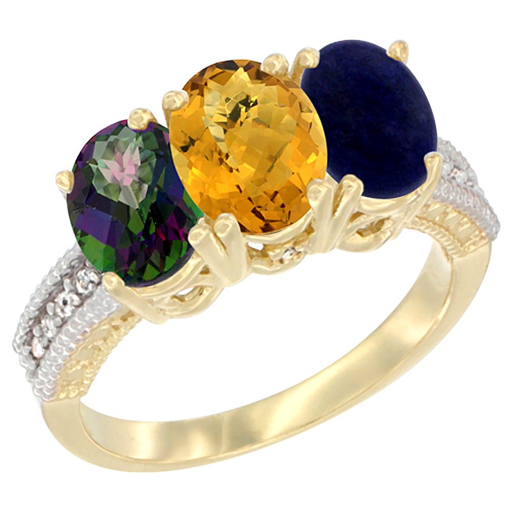 14K Yellow Gold Natural Mystic Topaz, Whisky Quartz &amp; Lapis Ring 3-Stone 7x5 mm Oval Diamond Accent, sizes 5 - 10