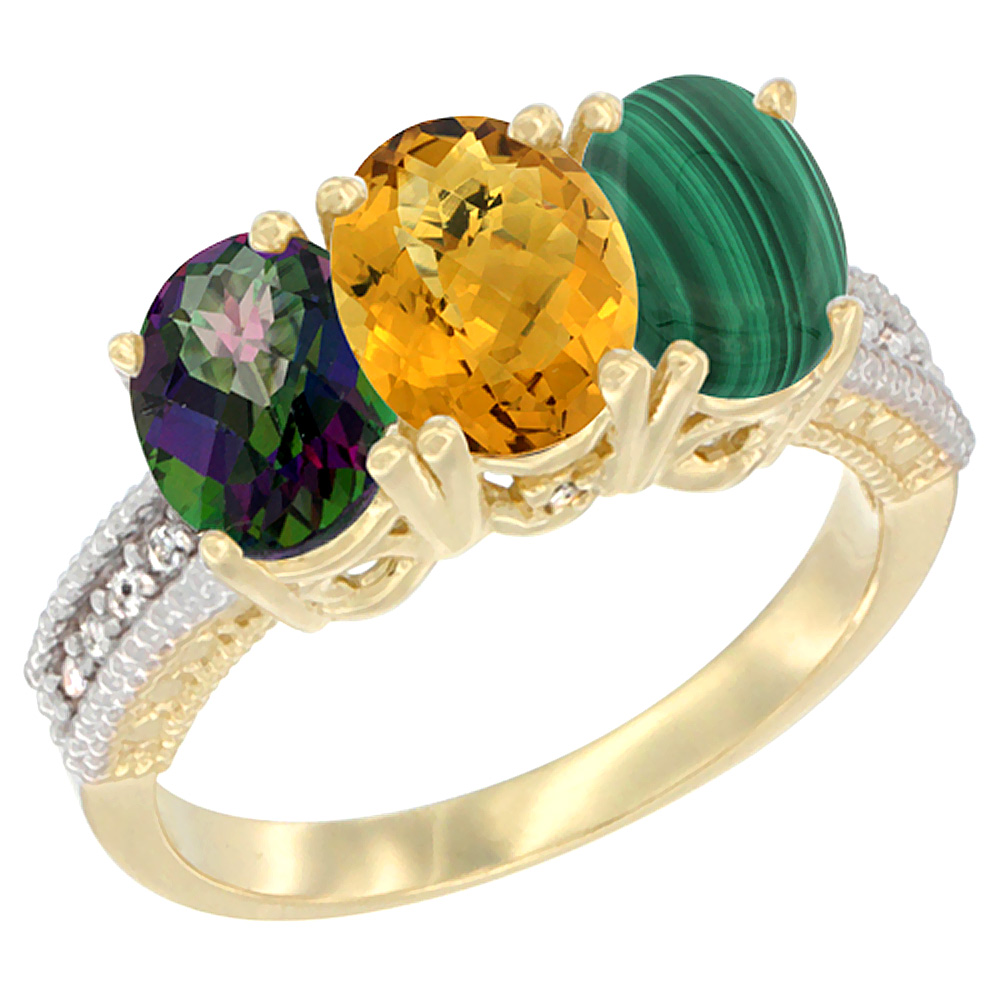 14K Yellow Gold Natural Mystic Topaz, Whisky Quartz & Malachite Ring 3-Stone 7x5 mm Oval Diamond Accent, sizes 5 - 10