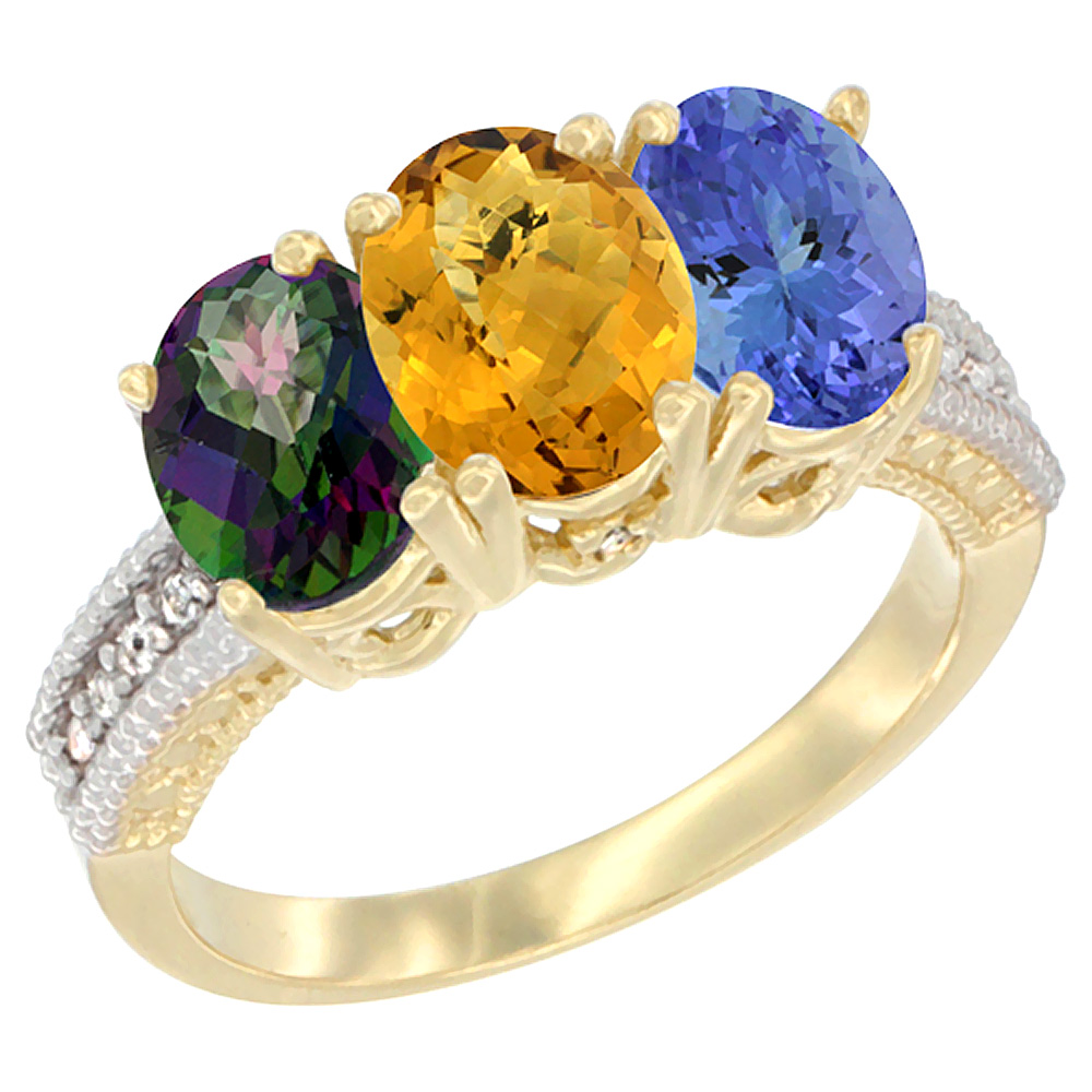 14K Yellow Gold Natural Mystic Topaz, Whisky Quartz &amp; Tanzanite Ring 3-Stone 7x5 mm Oval Diamond Accent, sizes 5 - 10