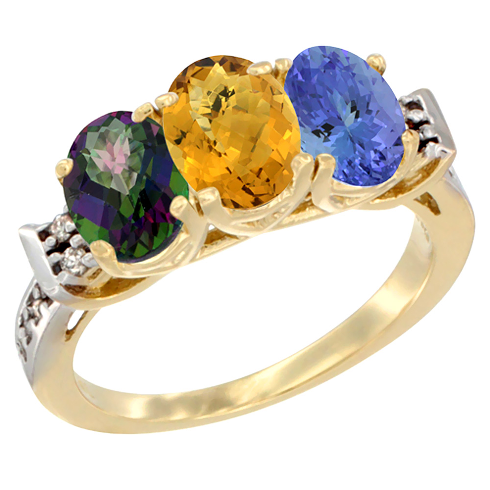 14K Yellow Gold Natural Mystic Topaz, Whisky Quartz & Tanzanite Ring 3-Stone 7x5 mm Oval Diamond Accent, sizes 5 - 10