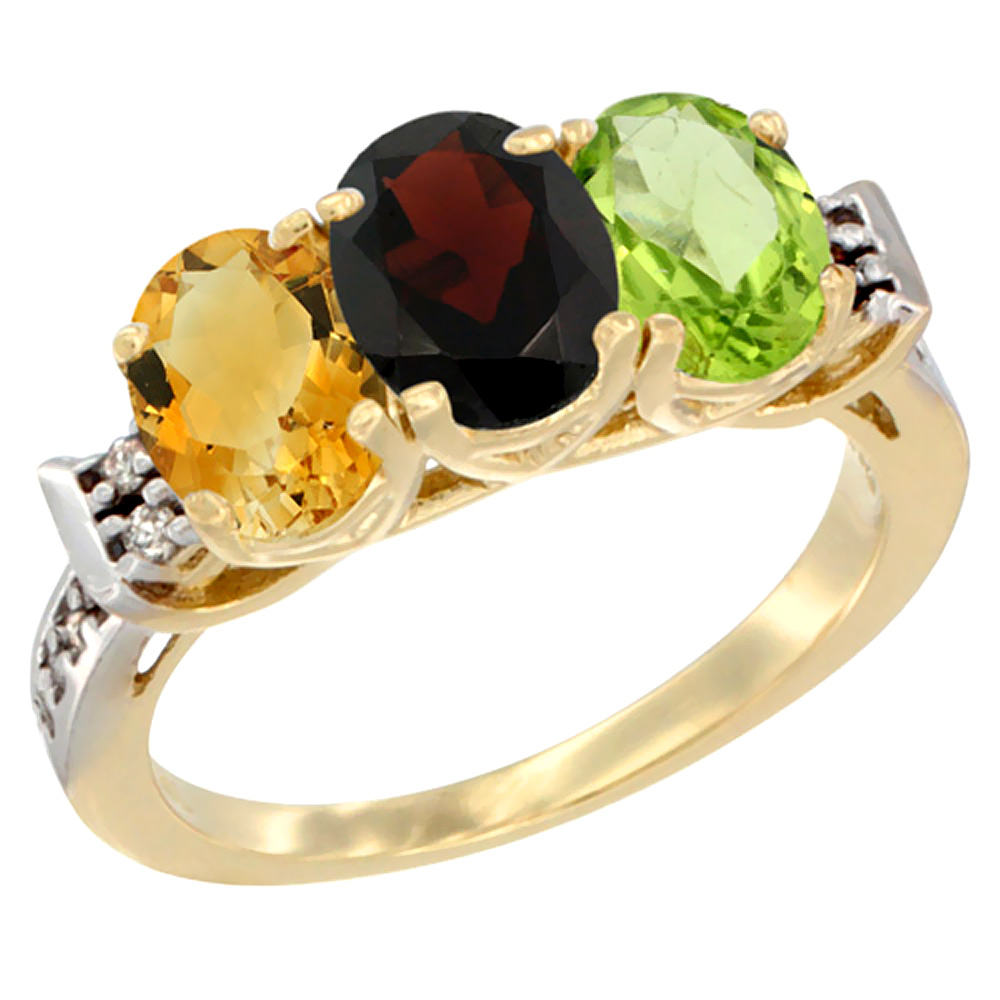 14K Yellow Gold Natural Citrine, Garnet &amp; Peridot Ring 3-Stone 7x5 mm Oval Diamond Accent, sizes 5 - 10