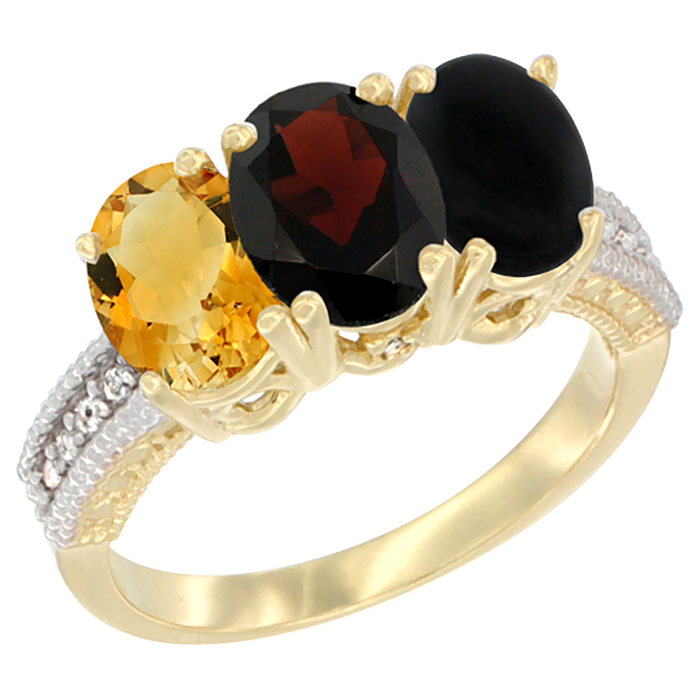 14K Yellow Gold Natural Citrine, Garnet & Black Onyx Ring 3-Stone 7x5 mm Oval Diamond Accent, sizes 5 - 10