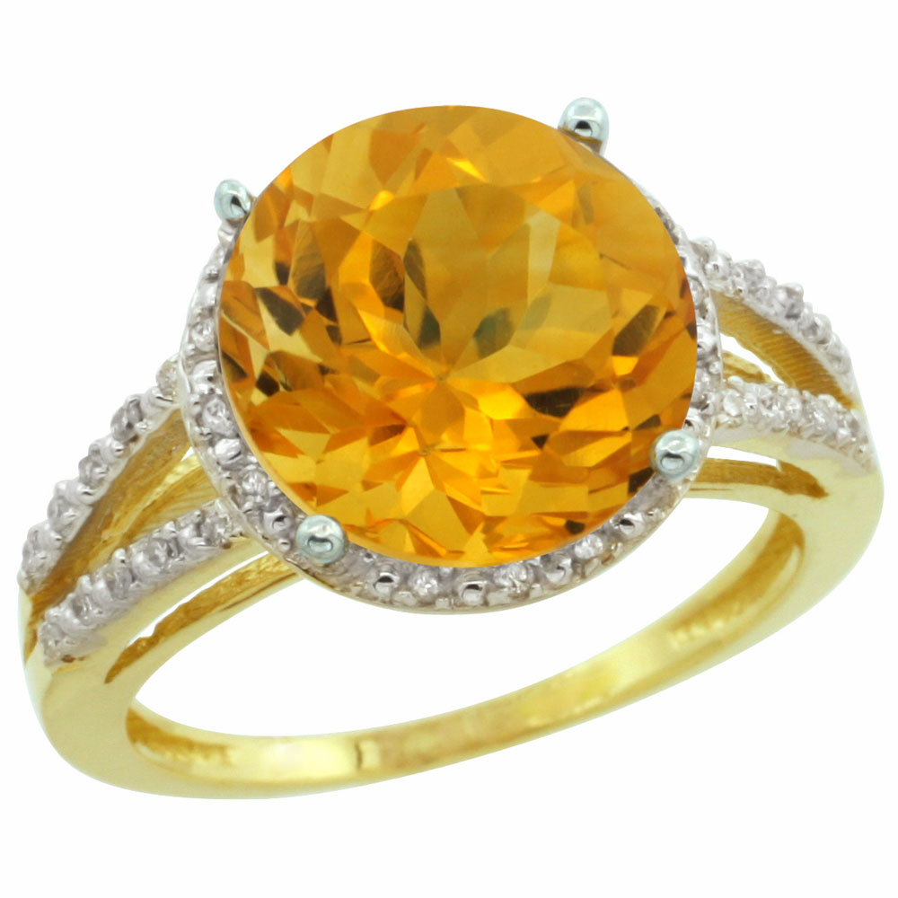 14K Yellow Gold Diamond Natural Citrine Ring Round 11mm, sizes 5-10
