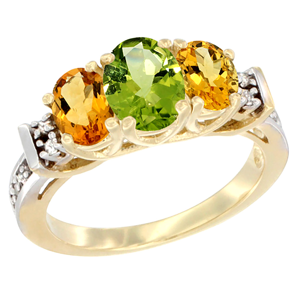 14K Yellow Gold Natural Peridot &amp; Citrine Ring 3-Stone Oval Diamond Accent