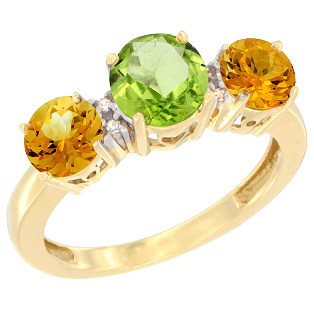 14K Yellow Gold Round 3-Stone Natural Peridot Ring &amp; Citrine Sides Diamond Accent, sizes 5 - 10