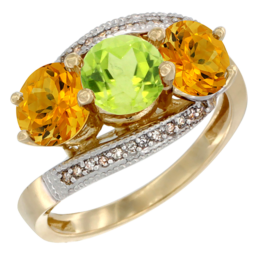 14K Yellow Gold Natural Peridot &amp; Citrine Sides 3 stone Ring Round 6mm Diamond Accent, sizes 5 - 10