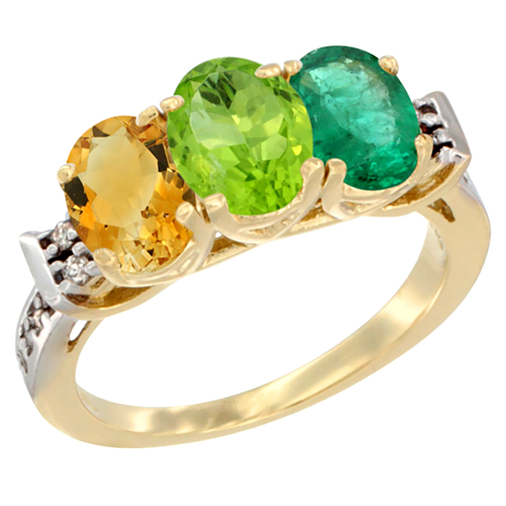 14K Yellow Gold Natural Citrine, Peridot &amp; Emerald Ring 3-Stone 7x5 mm Oval Diamond Accent, sizes 5 - 10