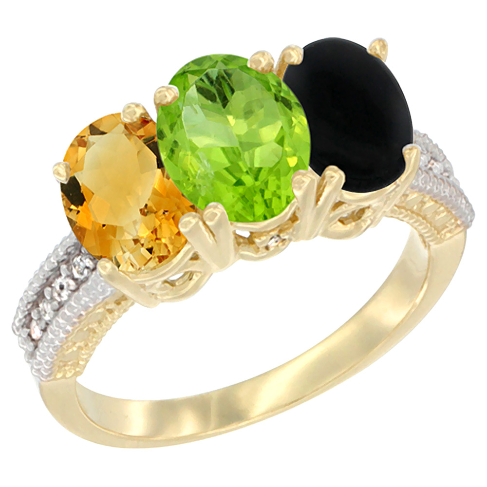 14K Yellow Gold Natural Citrine, Peridot &amp; Black Onyx Ring 3-Stone 7x5 mm Oval Diamond Accent, sizes 5 - 10