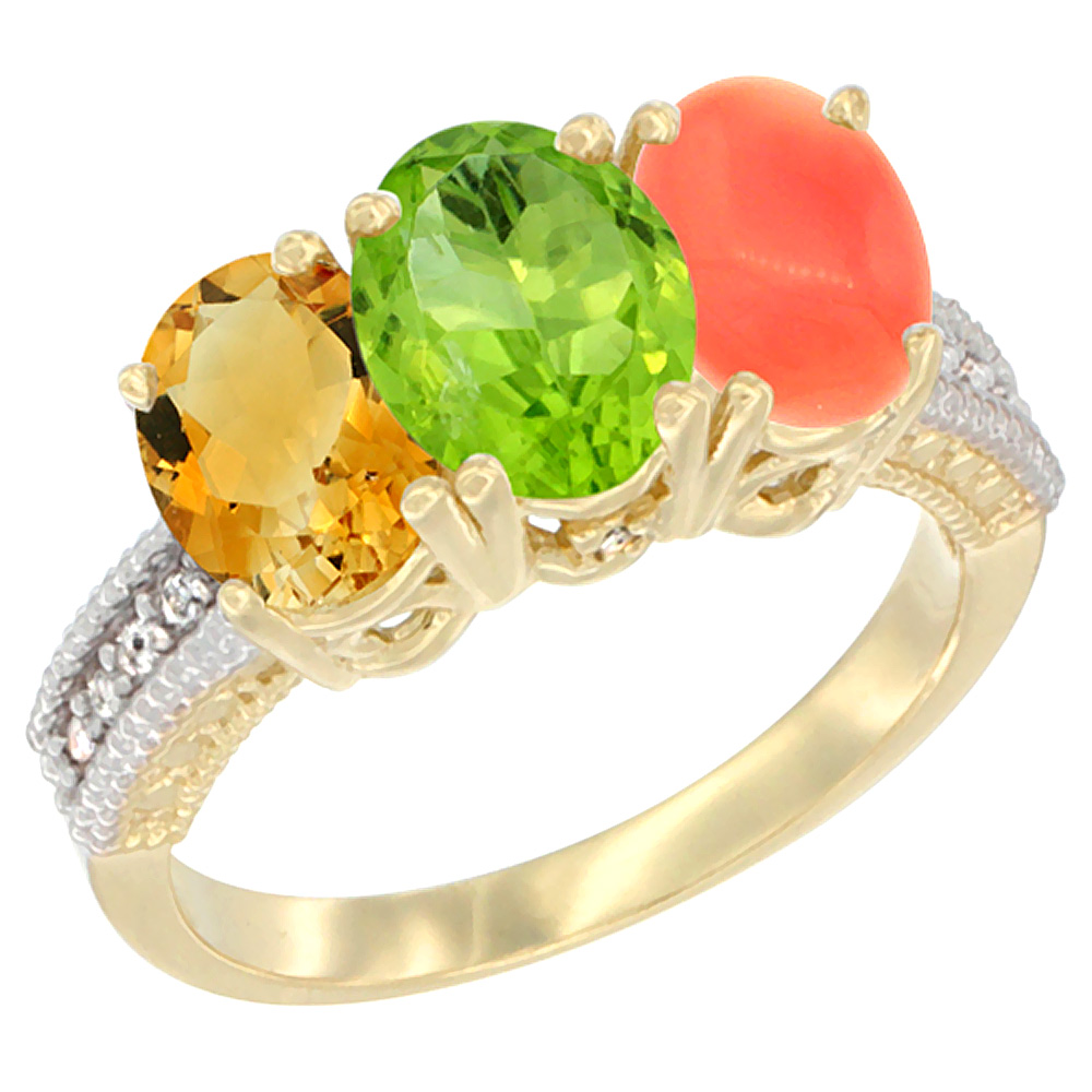 14K Yellow Gold Natural Citrine, Peridot & Coral Ring 3-Stone 7x5 mm Oval Diamond Accent, sizes 5 - 10