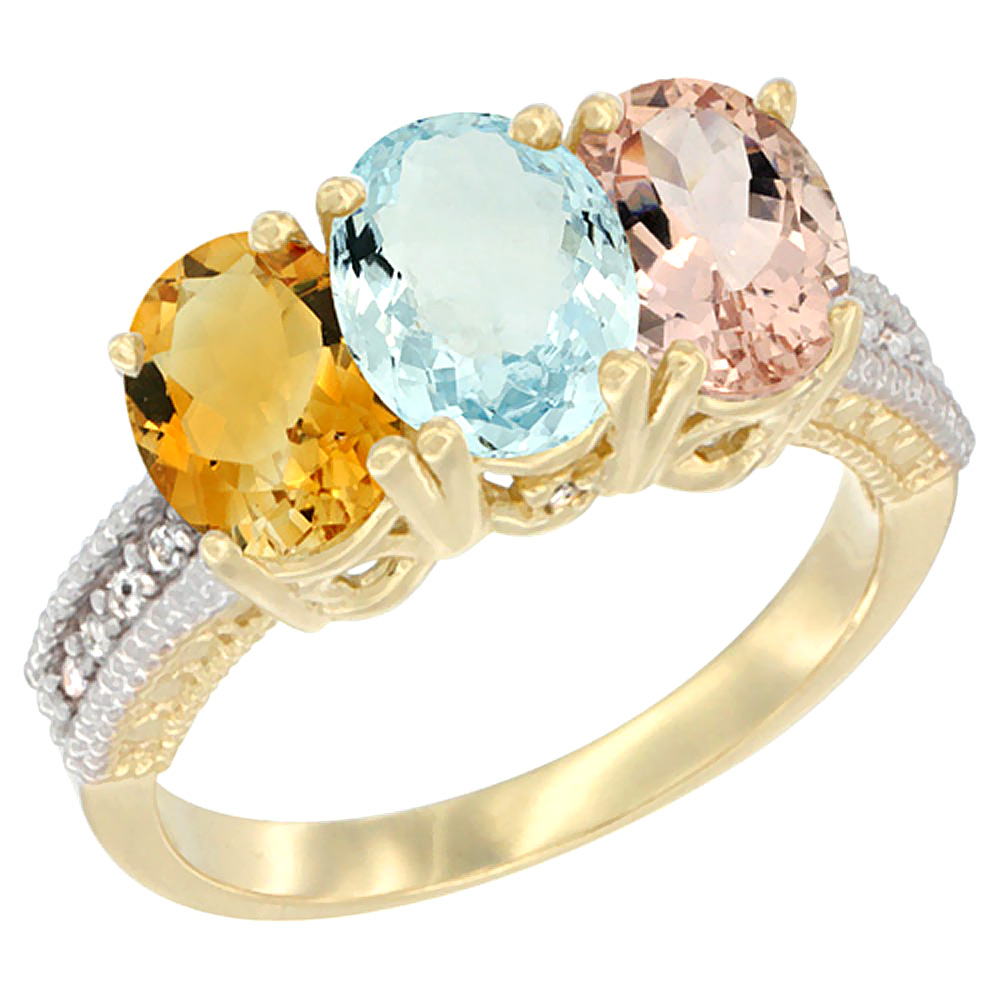 14K Yellow Gold Natural Citrine, Aquamarine &amp; Morganite Ring 3-Stone 7x5 mm Oval Diamond Accent, sizes 5 - 10