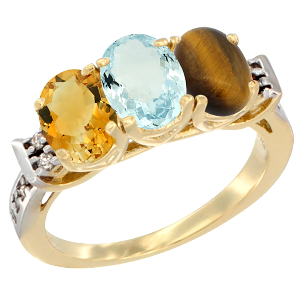 14K Yellow Gold Natural Citrine, Aquamarine & Tiger Eye Ring 3-Stone 7x5 mm Oval Diamond Accent, sizes 5 - 10