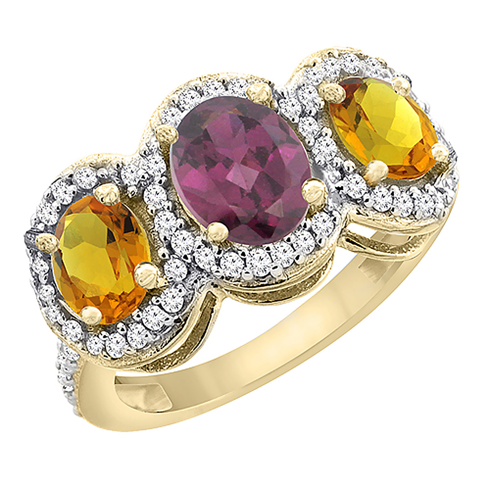 10K Yellow Gold Natural Rhodolite &amp; Citrine 3-Stone Ring Oval Diamond Accent, sizes 5 - 10