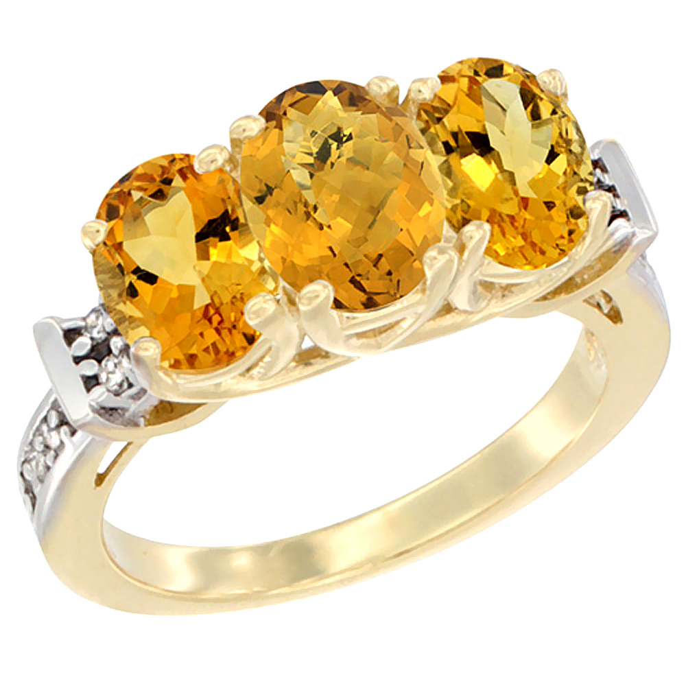 14K Yellow Gold Natural Whisky Quartz &amp; Citrine Sides Ring 3-Stone Oval Diamond Accent, sizes 5 - 10