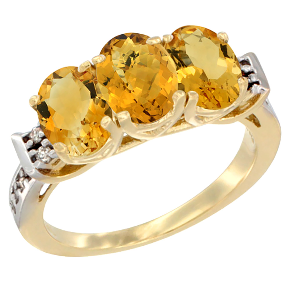 14K Yellow Gold Natural Whisky Quartz &amp; Citrine Sides Ring 3-Stone 7x5 mm Oval Diamond Accent, sizes 5 - 10