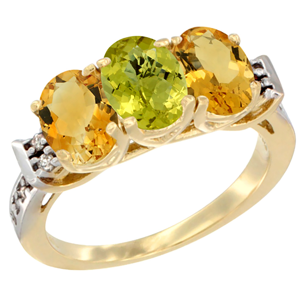 14K Yellow Gold Natural Lemon Quartz &amp; Citrine Sides Ring 3-Stone 7x5 mm Oval Diamond Accent, sizes 5 - 10