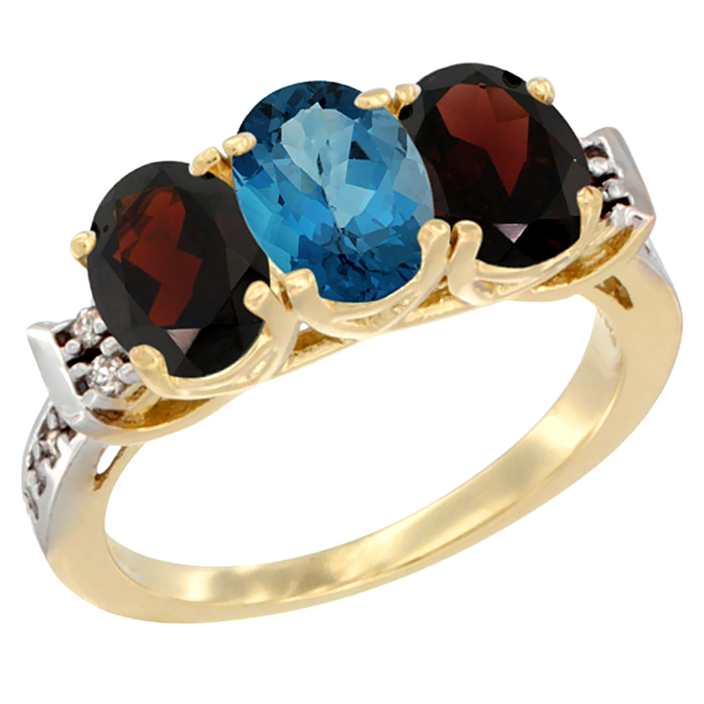 14K Yellow Gold Natural London Blue Topaz & Garnet Sides Ring 3-Stone 7x5 mm Oval Diamond Accent, sizes 5 - 10