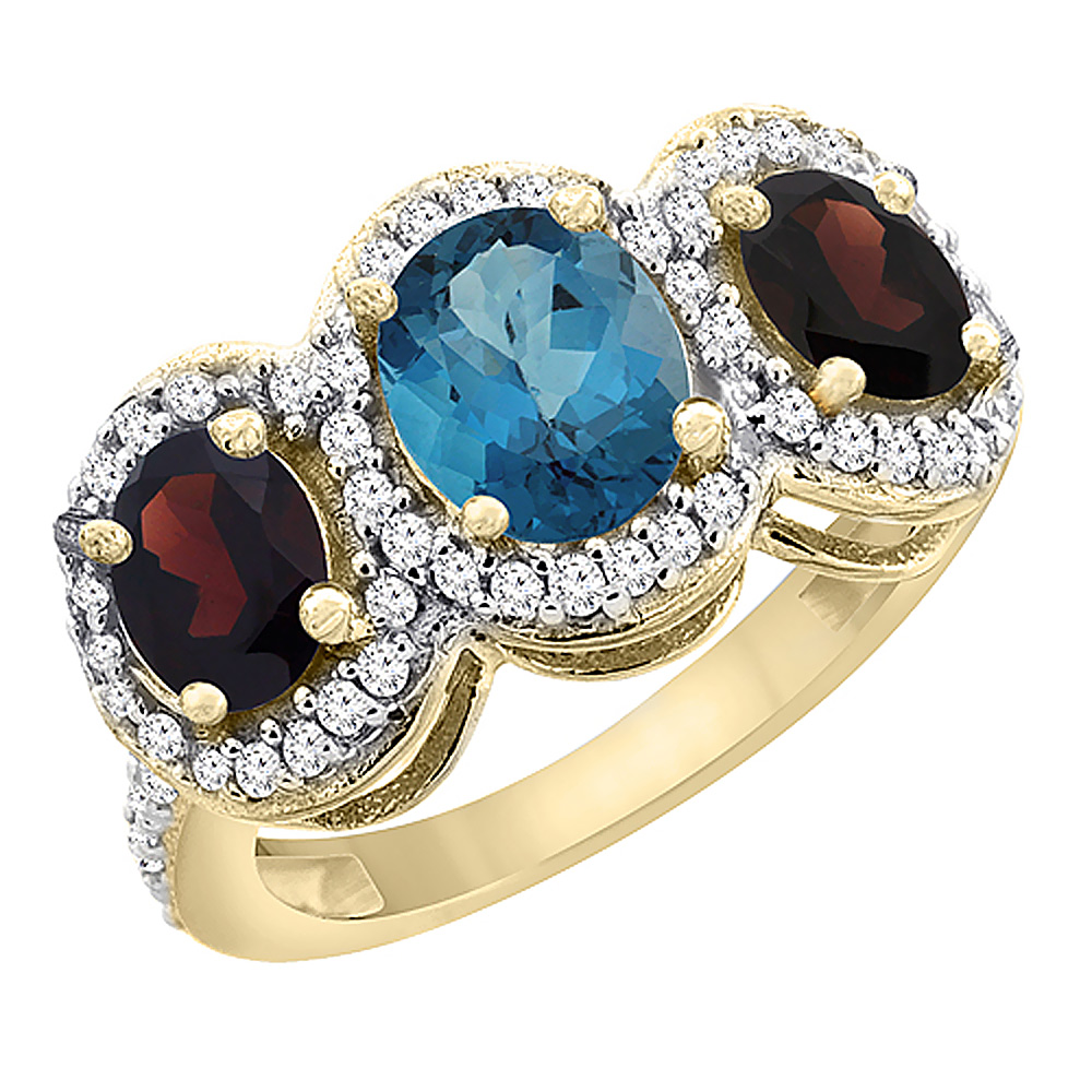 14K Yellow Gold Natural London Blue Topaz &amp; Garnet 3-Stone Ring Oval Diamond Accent, sizes 5 - 10