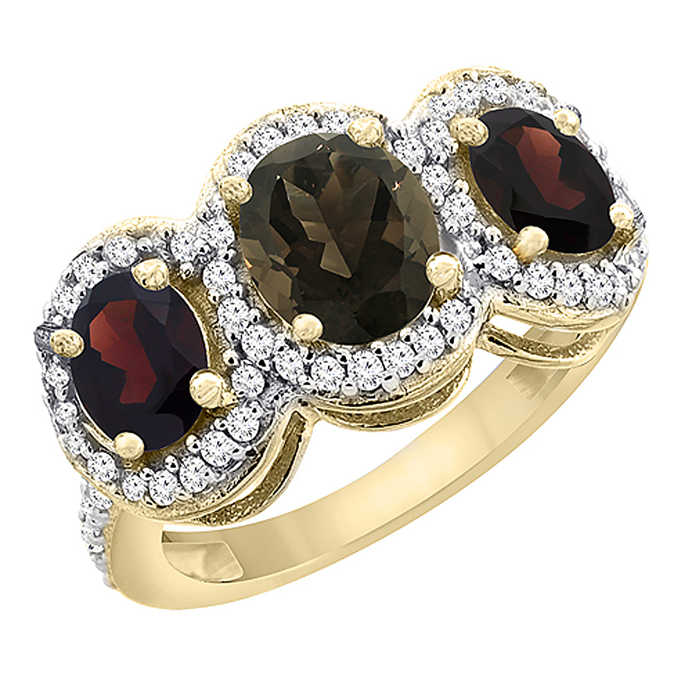 14K Yellow Gold Natural Smoky Topaz & Garnet 3-Stone Ring Oval Diamond Accent, sizes 5 - 10