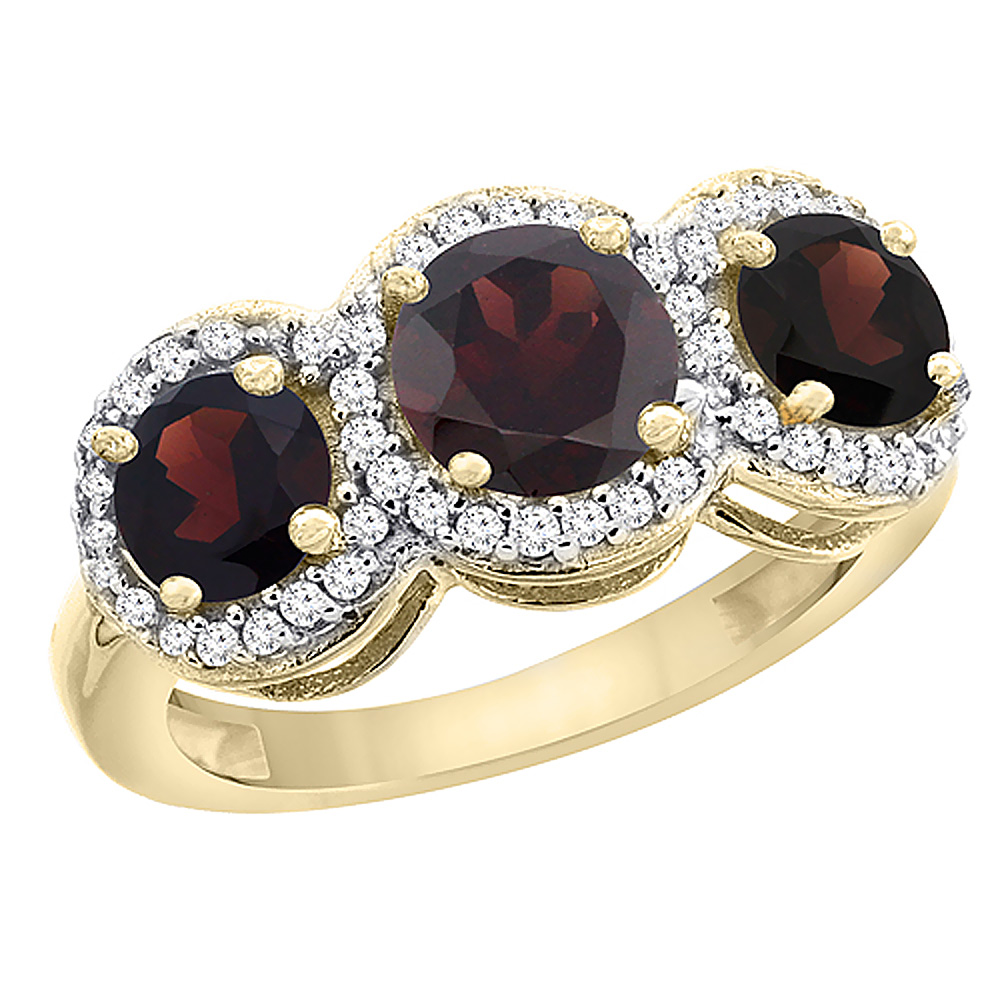 14K Yellow Gold Natural Garnet Round 3-stone Ring Diamond Accents, sizes 5 - 10