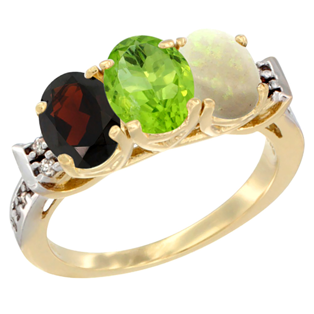 14K Yellow Gold Natural Garnet, Peridot &amp; Opal Ring 3-Stone 7x5 mm Oval Diamond Accent, sizes 5 - 10