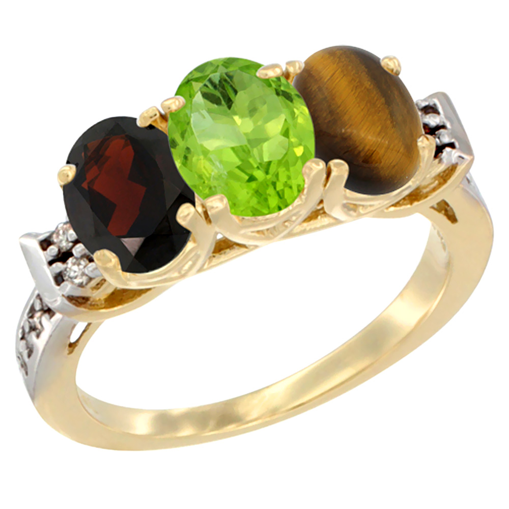 14K Yellow Gold Natural Garnet, Peridot &amp; Tiger Eye Ring 3-Stone 7x5 mm Oval Diamond Accent, sizes 5 - 10