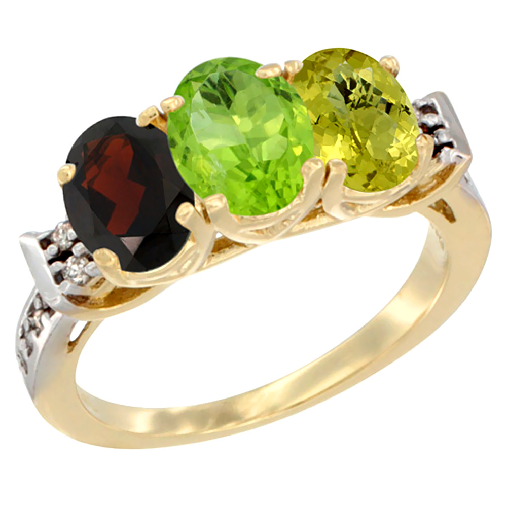 14K Yellow Gold Natural Garnet, Peridot &amp; Lemon Quartz Ring 3-Stone 7x5 mm Oval Diamond Accent, sizes 5 - 10