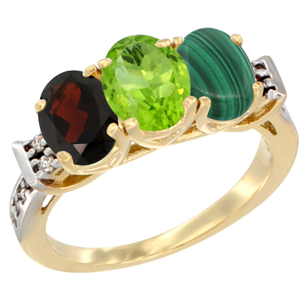 14K Yellow Gold Natural Garnet, Peridot &amp; Malachite Ring 3-Stone 7x5 mm Oval Diamond Accent, sizes 5 - 10