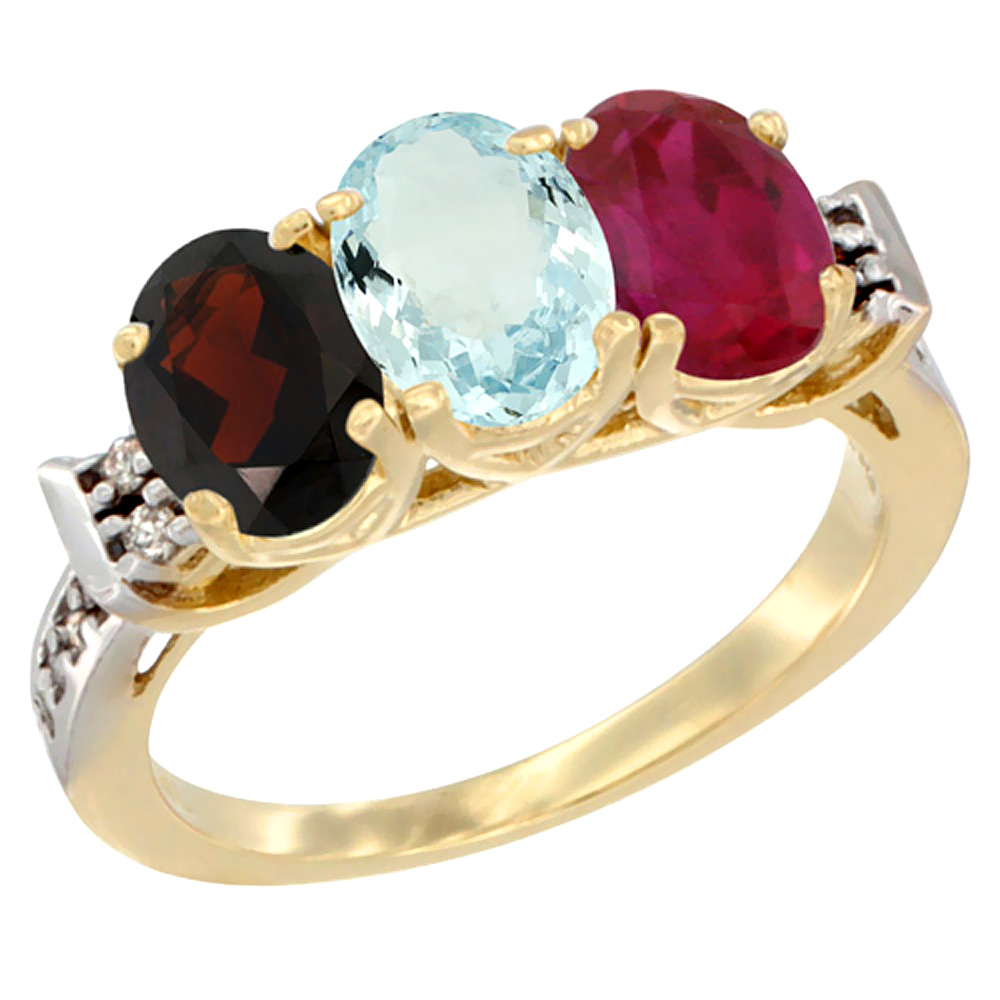 14K Yellow Gold Natural Garnet, Aquamarine &amp; Enhanced Ruby Ring 3-Stone 7x5 mm Oval Diamond Accent, sizes 5 - 10