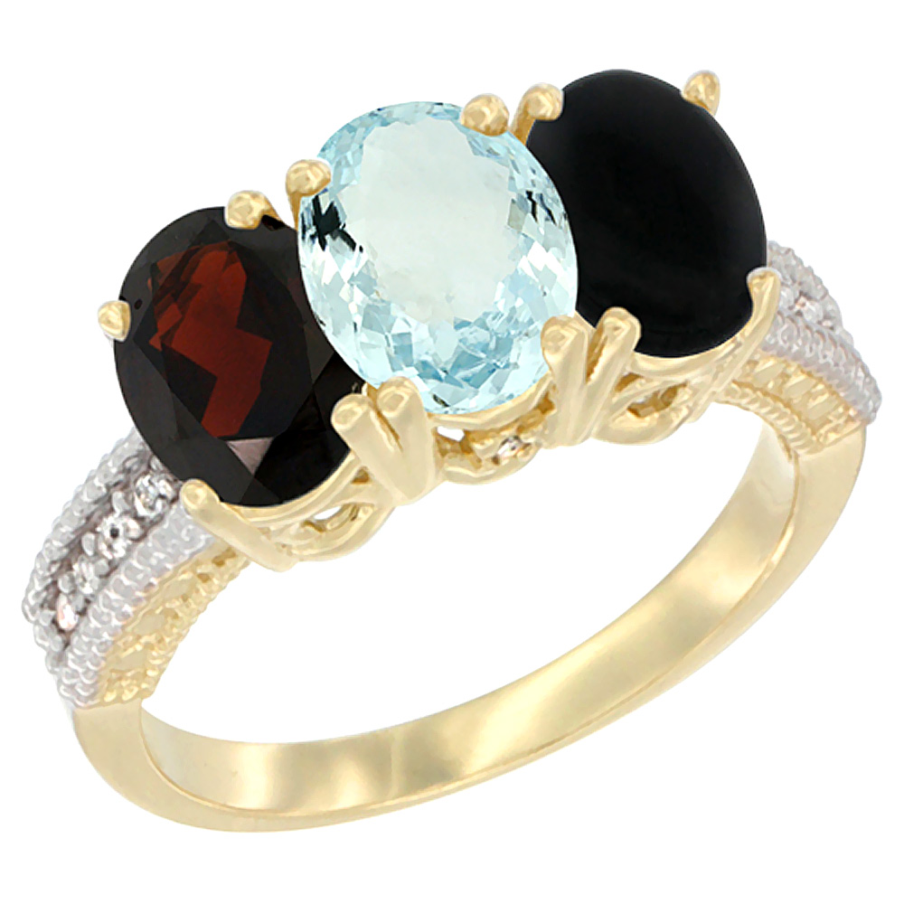 14K Yellow Gold Natural Garnet, Aquamarine &amp; Black Onyx Ring 3-Stone 7x5 mm Oval Diamond Accent, sizes 5 - 10