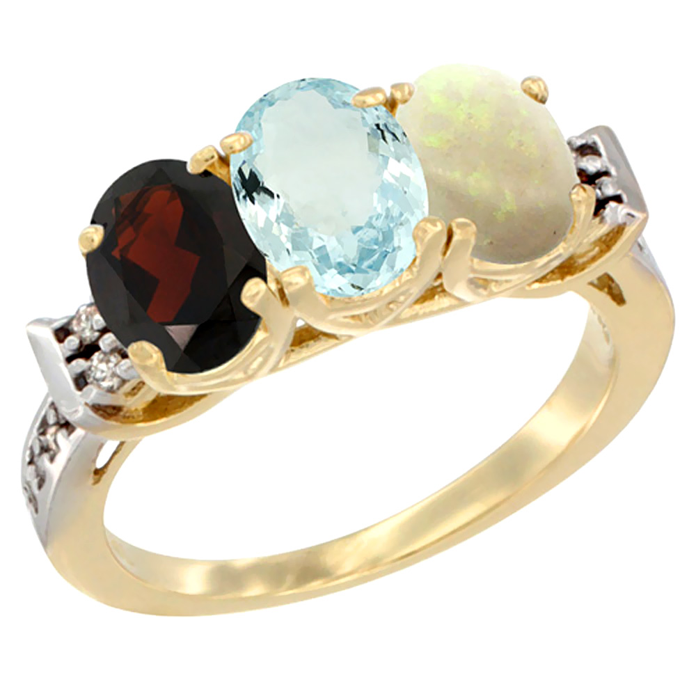 14K Yellow Gold Natural Garnet, Aquamarine &amp; Opal Ring 3-Stone 7x5 mm Oval Diamond Accent, sizes 5 - 10