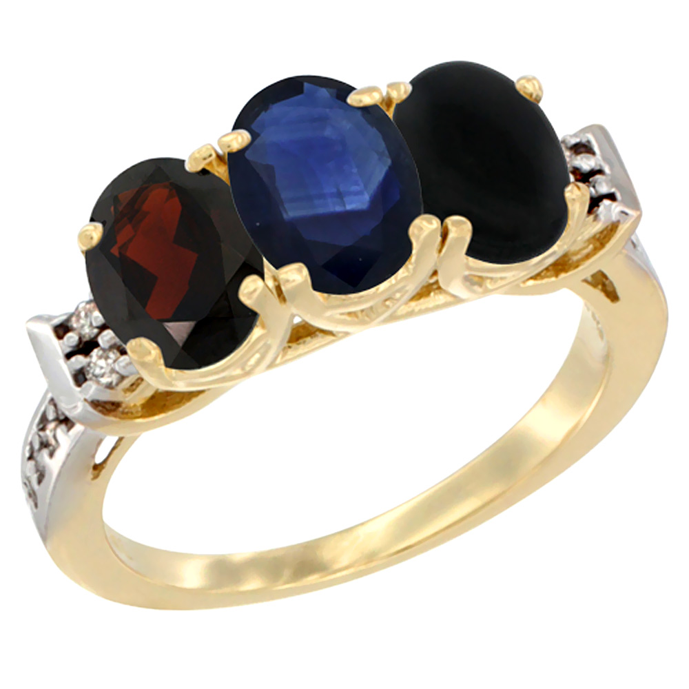 14K Yellow Gold Natural Garnet, Blue Sapphire & Black Onyx Ring 3-Stone 7x5 mm Oval Diamond Accent, sizes 5 - 10