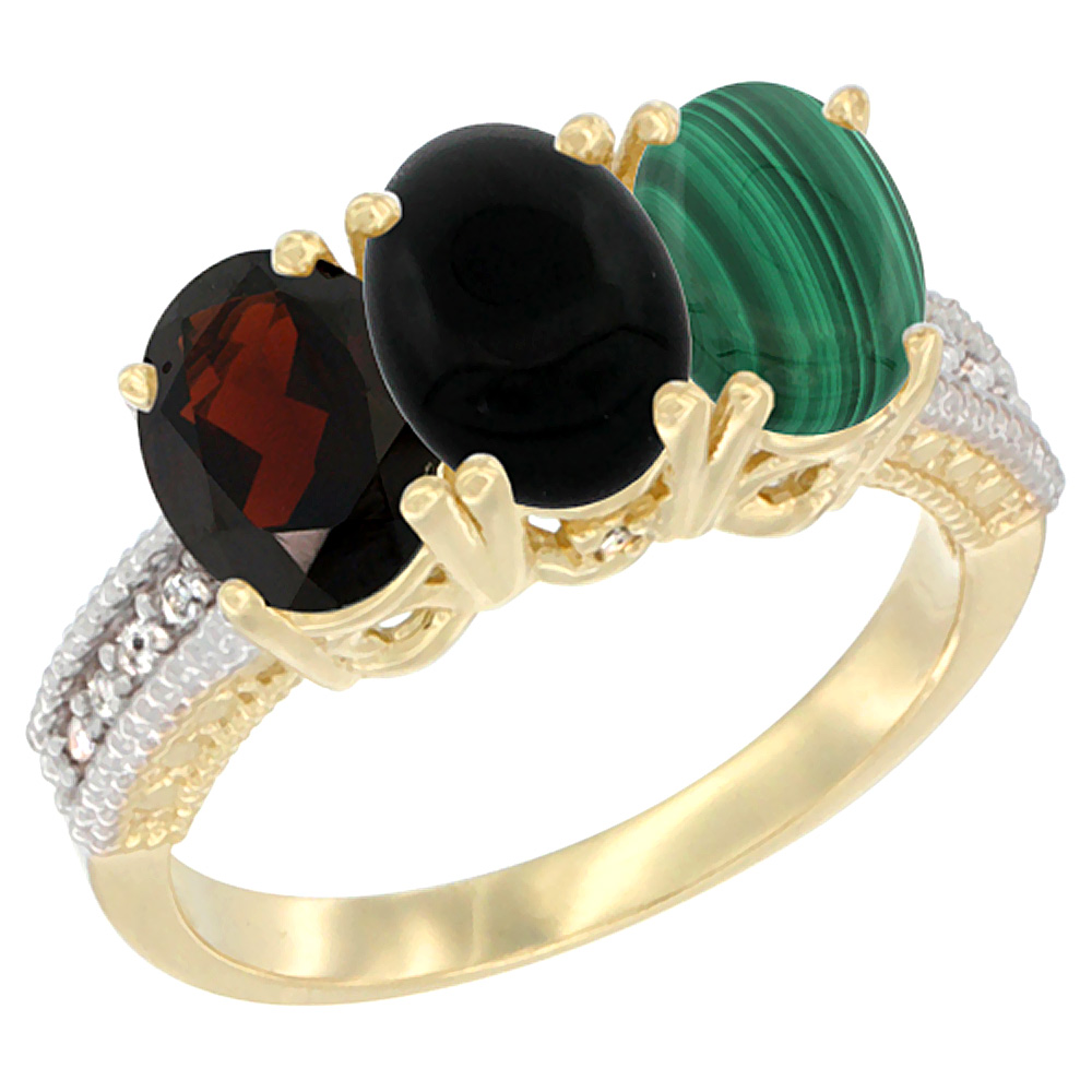 14K Yellow Gold Natural Garnet, Black Onyx & Malachite Ring 3-Stone 7x5 mm Oval Diamond Accent, sizes 5 - 10