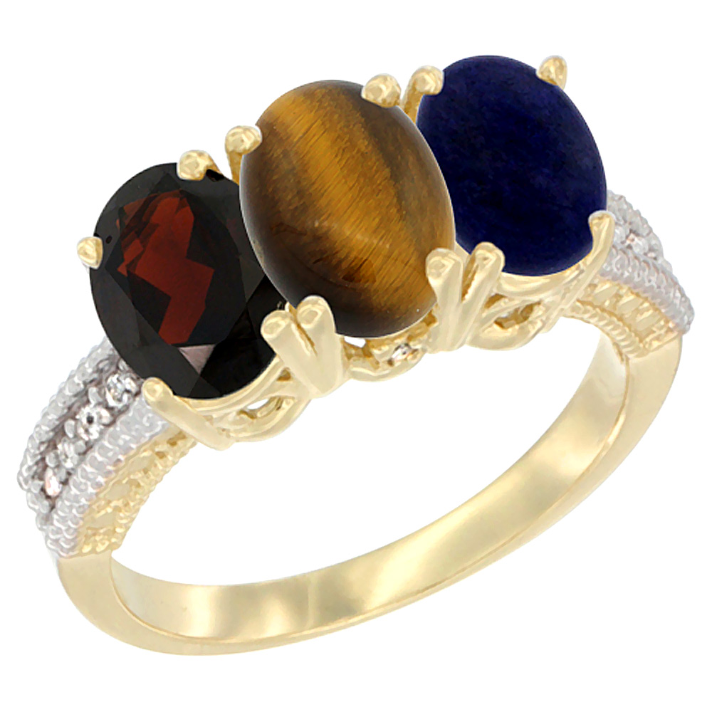 10K Yellow Gold Diamond Natural Garnet, Tiger Eye &amp; Lapis Ring 3-Stone 7x5 mm Oval, sizes 5 - 10