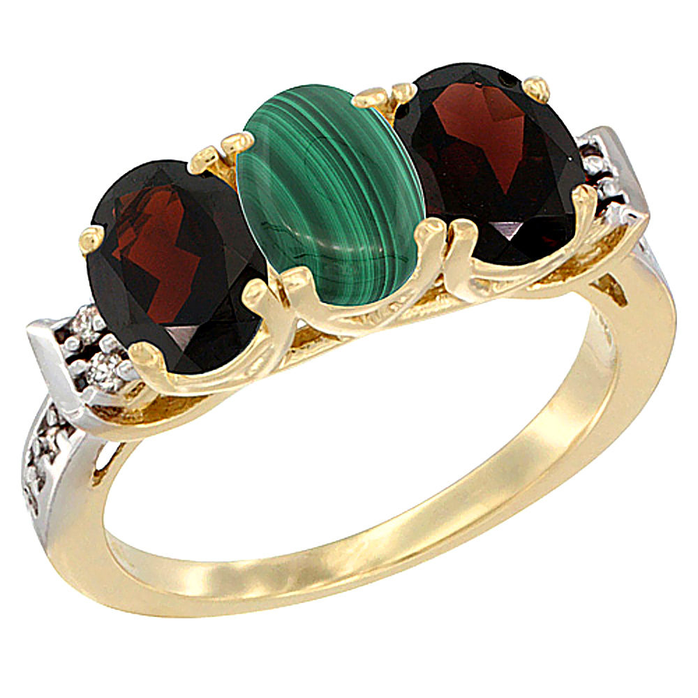 14K Yellow Gold Natural Malachite &amp; Garnet Sides Ring 3-Stone 7x5 mm Oval Diamond Accent, sizes 5 - 10