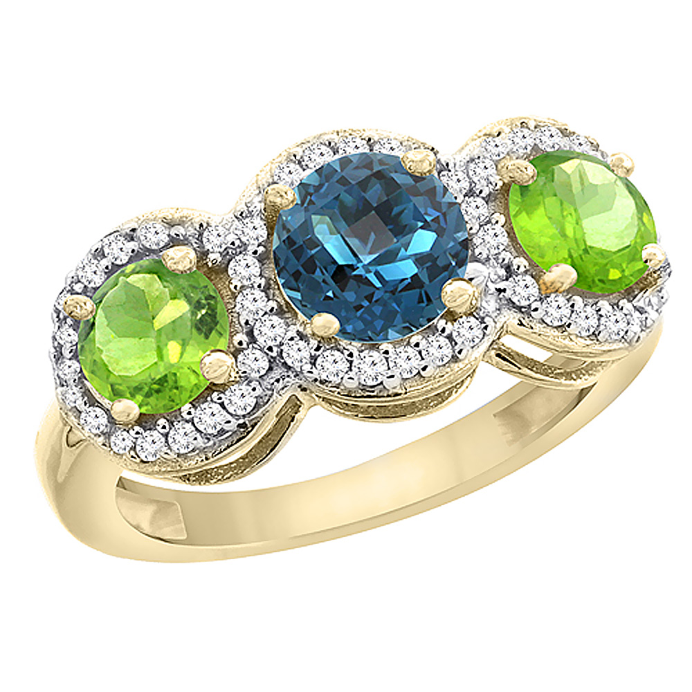 14K Yellow Gold Natural London Blue Topaz &amp; Peridot Sides Round 3-stone Ring Diamond Accents, sizes 5 - 10