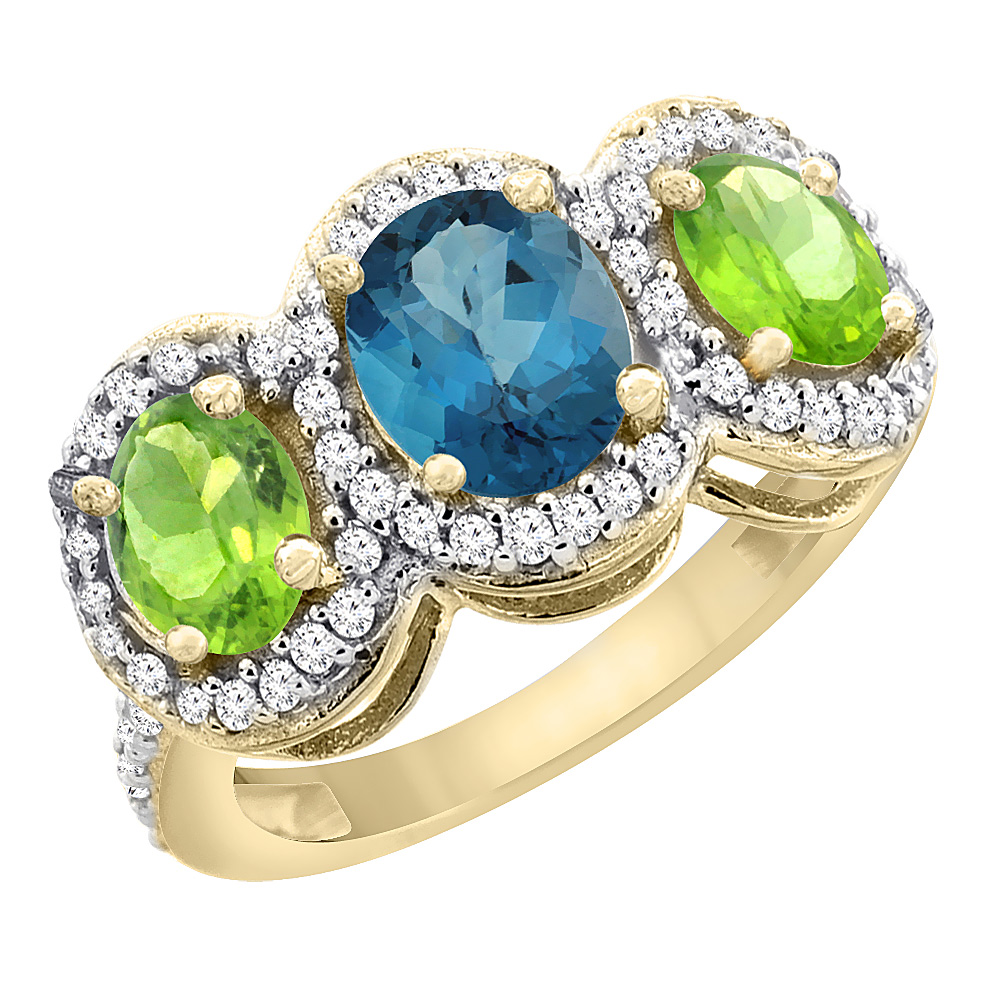 14K Yellow Gold Natural London Blue Topaz &amp; Peridot 3-Stone Ring Oval Diamond Accent, sizes 5 - 10