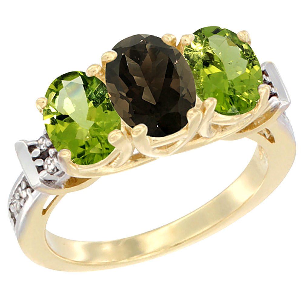 14K Yellow Gold Natural Smoky Topaz & Peridot Sides Ring 3-Stone Oval Diamond Accent, sizes 5 - 10