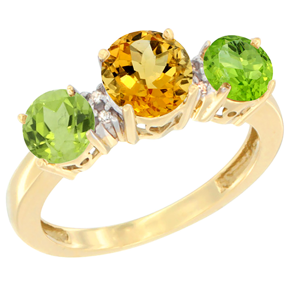 14K Yellow Gold Round 3-Stone Natural Citrine Ring &amp; Peridot Sides Diamond Accent, sizes 5 - 10