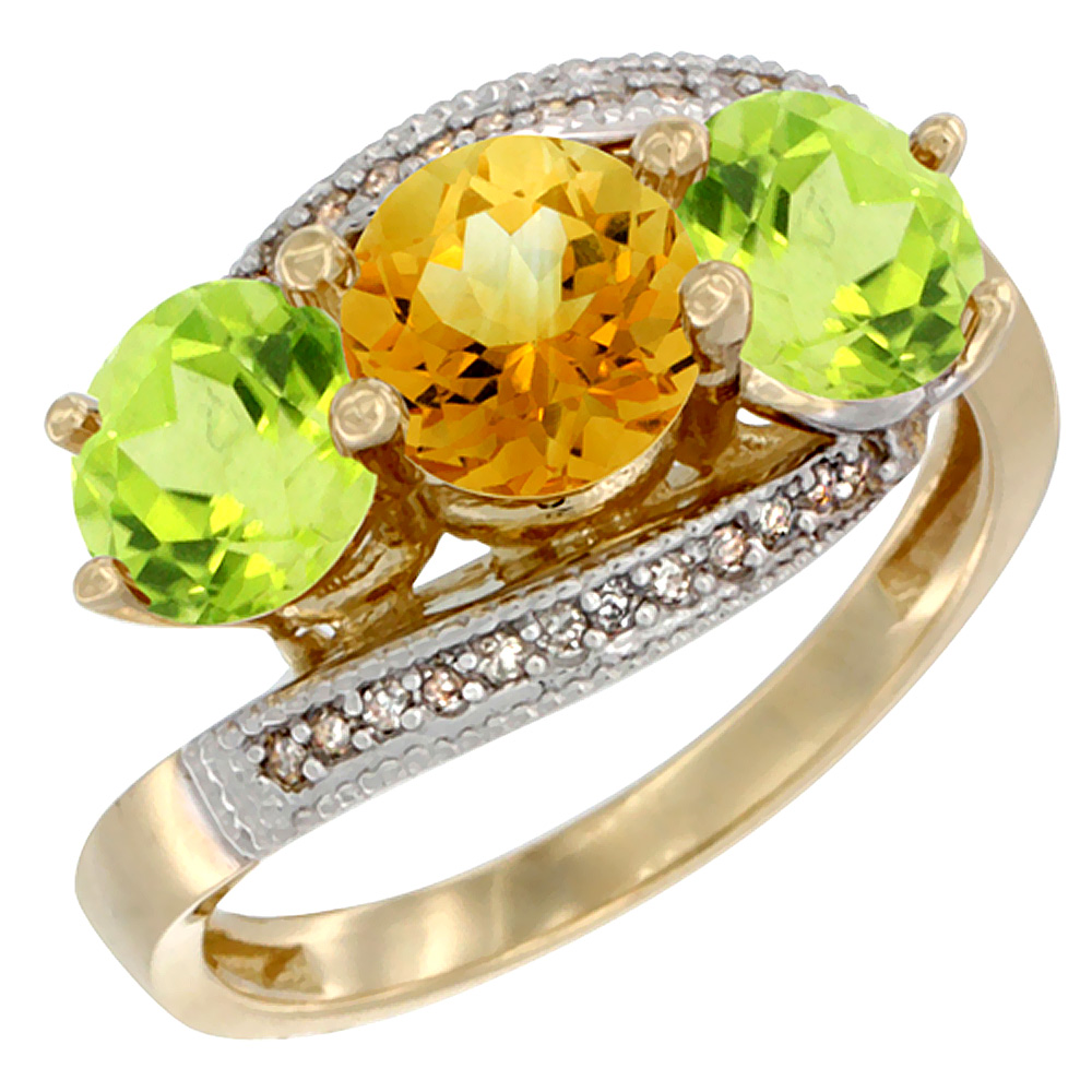 14K Yellow Gold Natural Citrine &amp; Peridot Sides 3 stone Ring Round 6mm Diamond Accent, sizes 5 - 10