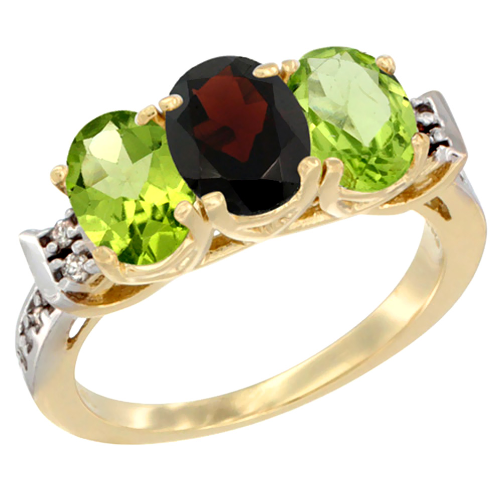 14K Yellow Gold Natural Garnet &amp; Peridot Sides Ring 3-Stone 7x5 mm Oval Diamond Accent, sizes 5 - 10