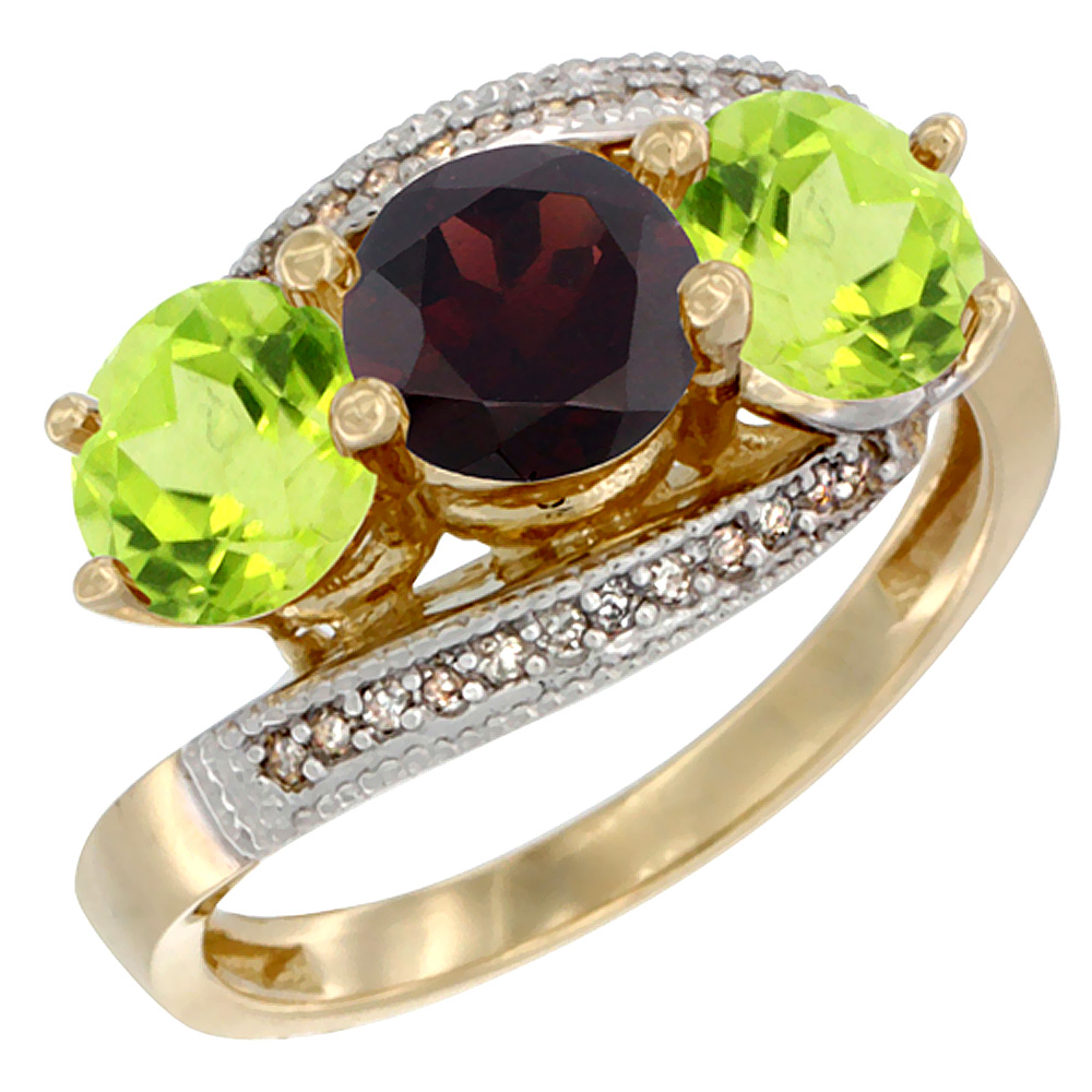 14K Yellow Gold Natural Garnet &amp; Peridot Sides 3 stone Ring Round 6mm Diamond Accent, sizes 5 - 10