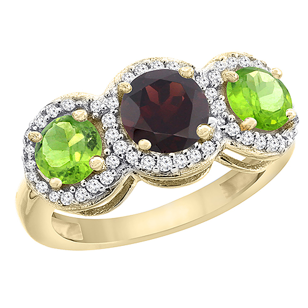 14K Yellow Gold Natural Garnet &amp; Peridot Sides Round 3-stone Ring Diamond Accents, sizes 5 - 10