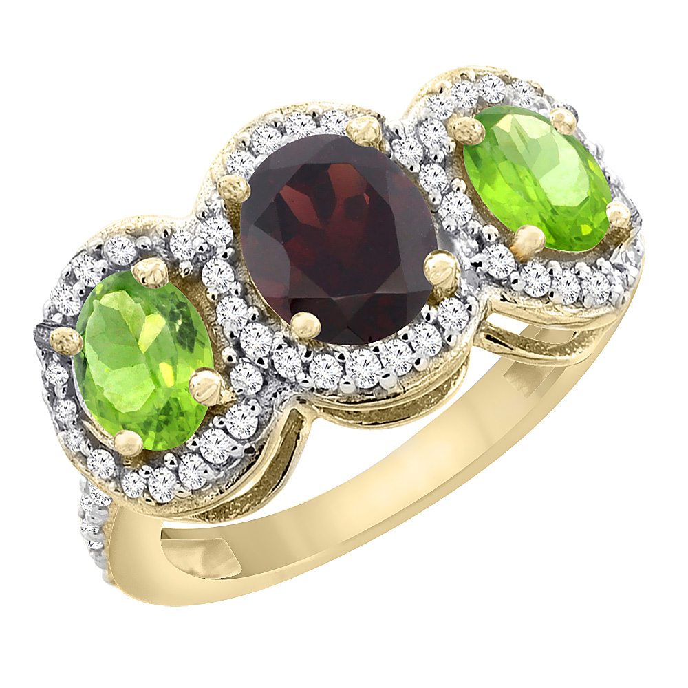 14K Yellow Gold Natural Garnet &amp; Peridot 3-Stone Ring Oval Diamond Accent, sizes 5 - 10