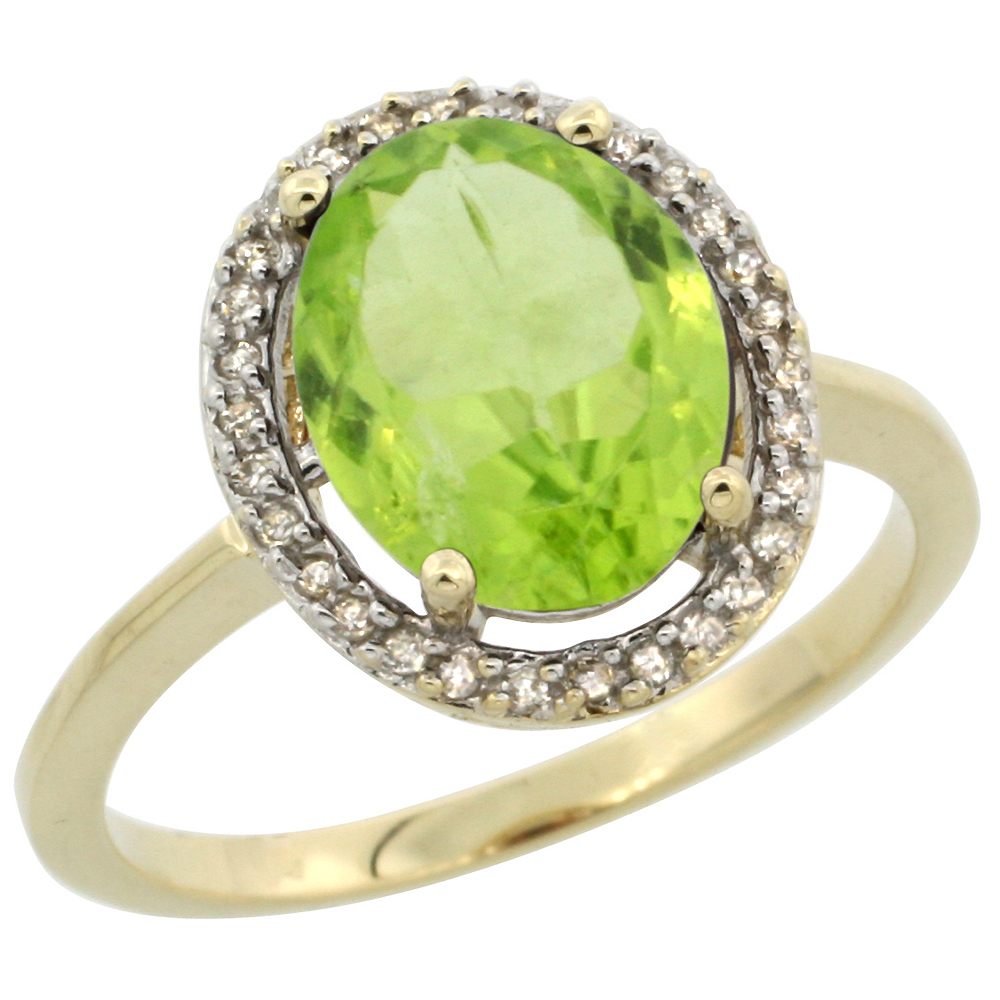10K Yellow Gold Diamond Halo Natural Peridot Engagement Ring Oval 10x8 mm, sizes 5-10