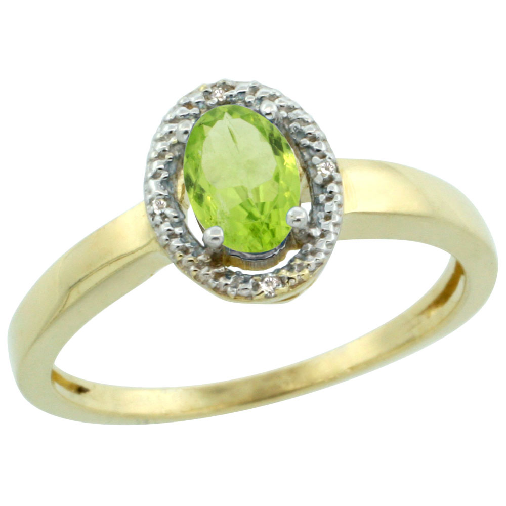 14K Yellow Gold Diamond Halo Natural Peridot Engagement Ring Oval 6X4 mm, sizes 5-10