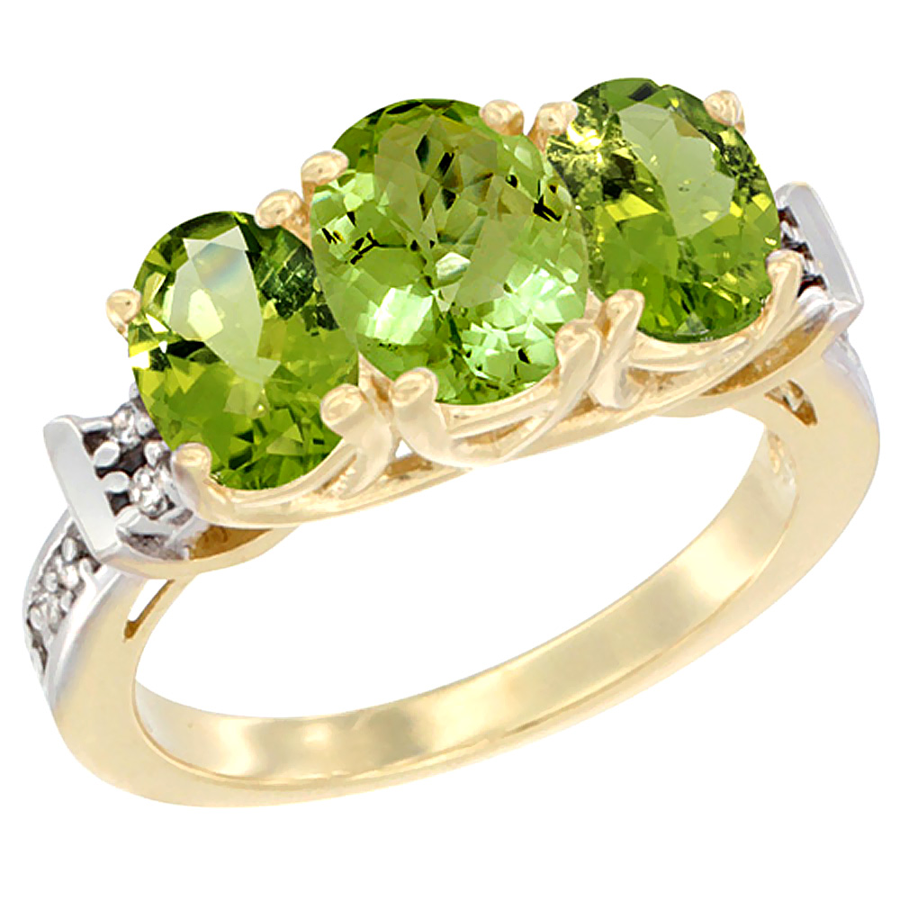 14K Yellow Gold Natural Peridot Ring 3-Stone Oval Diamond Accent, sizes 5 - 10