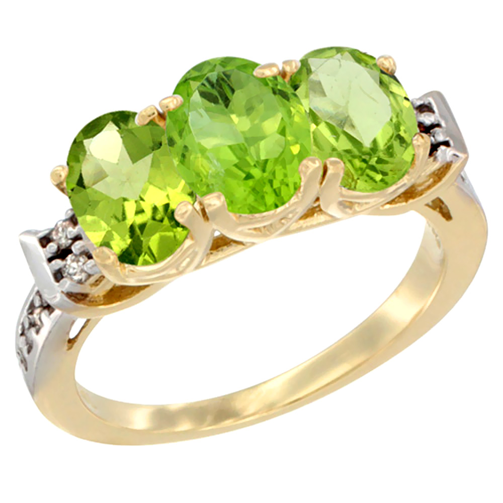 14K Yellow Gold Natural Peridot Ring 3-Stone 7x5 mm Oval Diamond Accent, sizes 5 - 10